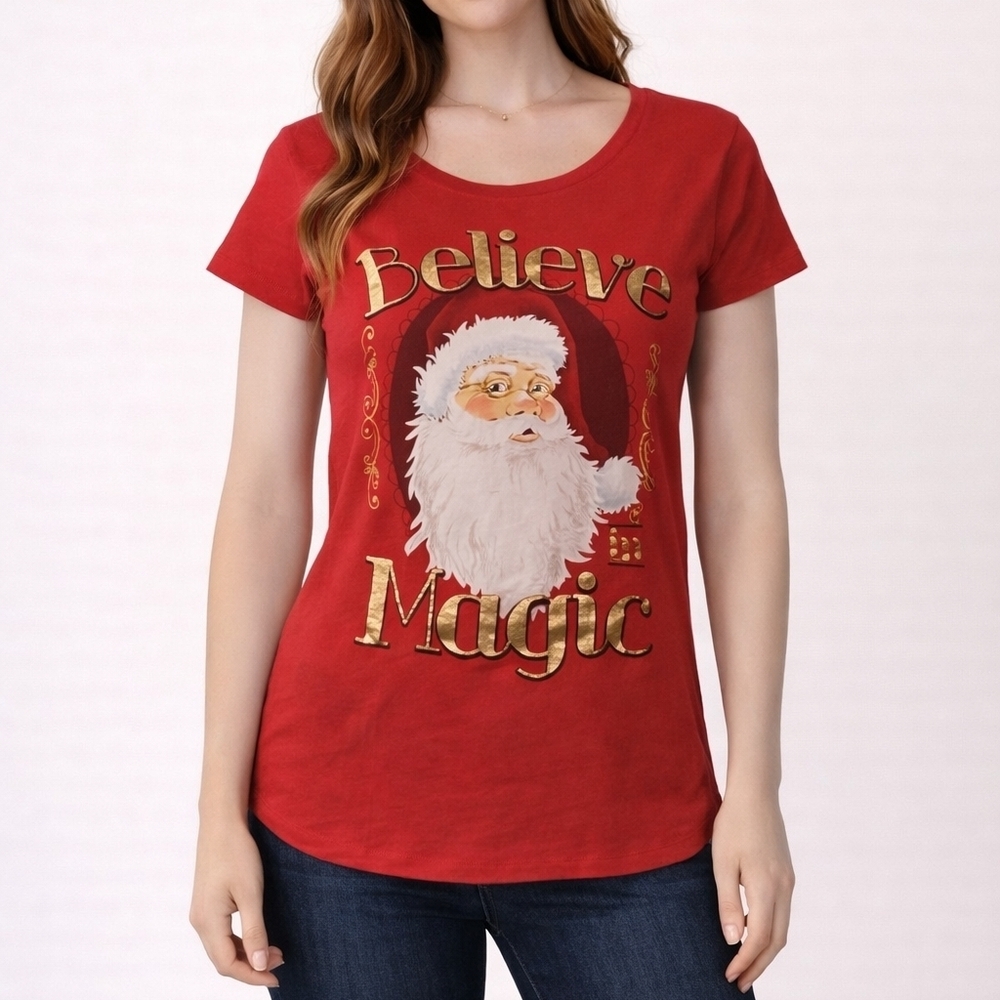 5/$25 HOLIDAY TIME Graphic Believe in Magic Santa Clause Scoop Neck T-shirt